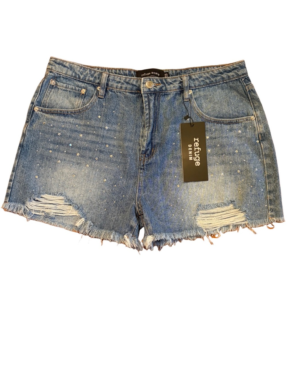 Refuge NWT Star Bling Rhinestone Distressed Denim Shorts Size 13/14 (W 36”)